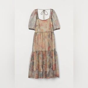 H&M Puff Sleeve‎ Mesh Floral Organza Sheer Midi Dress Ethereal Whimsi Small